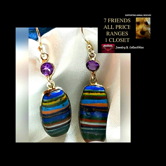 Botswana Agate Stone w Amethyst Gem Accent SS Earrings - Picture 1 of 5